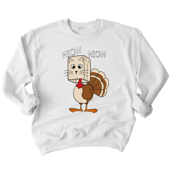 Thanksgiving Cat Meow Funny Hiding Turkey Crewneck Sweatshirt, XL, White