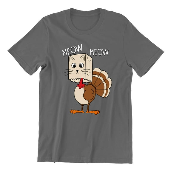 Thanksgiving Cat Meow Funny Hiding Turkey Unisex Men's T-shirt For Men, S, Charcoal