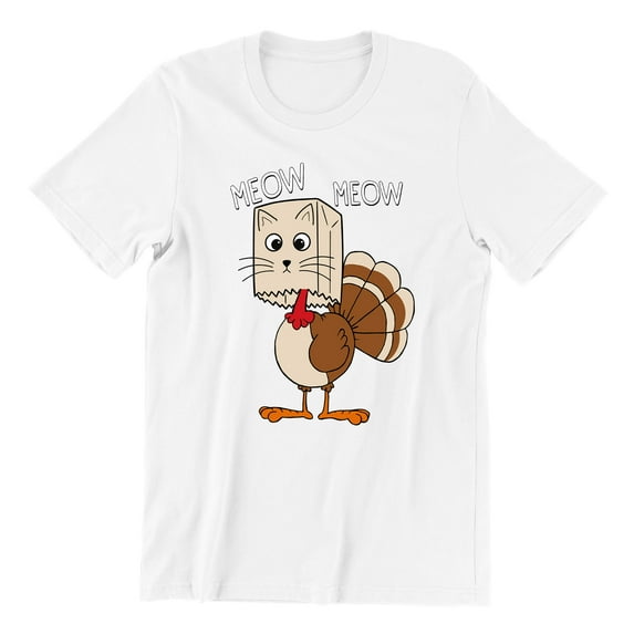 Thanksgiving Cat Meow Funny Hiding Turkey Unisex Men's T-shirt For Men, S, White