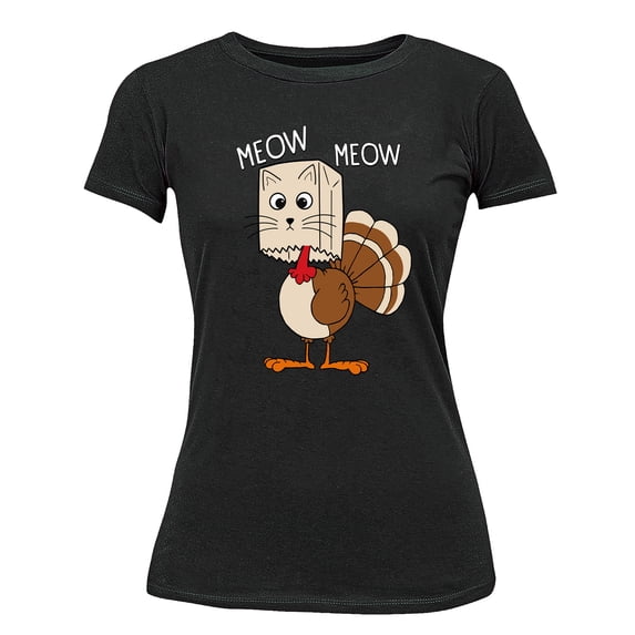Thanksgiving Cat Meow Funny Hiding Turkey Women's T-shirt For Women, 3XL, Black