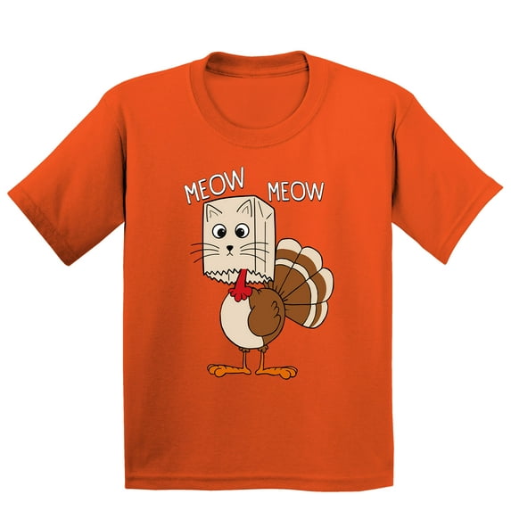 Thanksgiving Cat Meow Funny Hiding Turkey Youth T-shirt For Kids, L, Orange