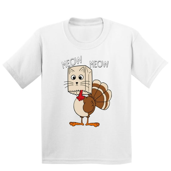 Thanksgiving Cat Meow Funny Hiding Turkey Youth T-shirt For Kids, L, White