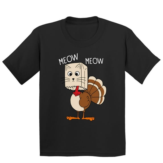 Thanksgiving Cat Meow Funny Hiding Turkey Youth T-shirt For Kids, M, Black