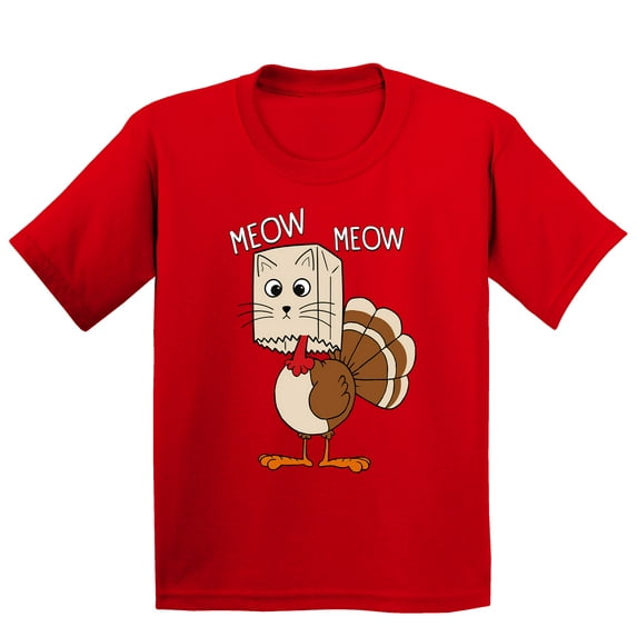 Thanksgiving Cat Meow Funny Hiding Turkey Youth T-shirt For Kids, M, Red