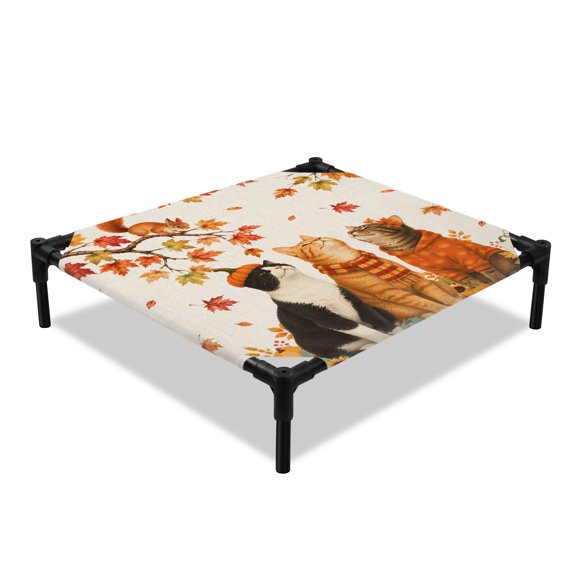 Thanksgiving Cats Elevated Dog Bed, Happy Fall Vintage Pumpkin Maple Leaf Squirrel Cooling Breathable Outdoor Raised Dog Cot Bed with Metal Frame Non-Slip Feet for Small Dog 20x20in