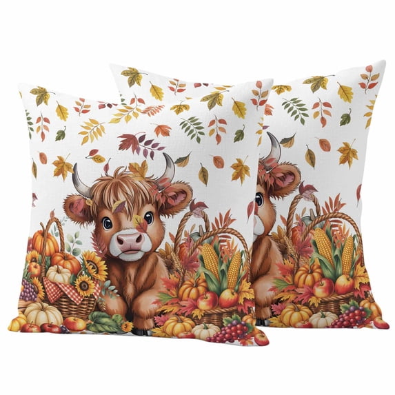 Thanksgiving Cattle Outdoor Waterproof Pillow Covers, Fall Harvest Pumpkin Corn Leaves Autumn Decorative Square Throw Pillowcase Sofa Cushion Sham for Patio/Couch/Chair, 20"x20" 2 Pack