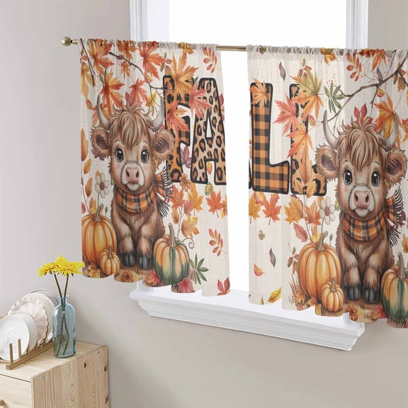 Thanksgiving Cattle Sheer Curtains 54 Inches Length 2 Panels Set, Window Sheer Curtains for Living Room/Bedroom, Fall Pumpkin Maple Leaf Botanical Beige Light Filtering Rod Pocket Curtain 52''x54''x2