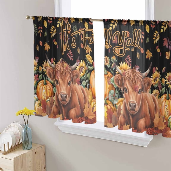 Thanksgiving Cattle Sheer Curtains 54 Inches Length 2 Panels Set, Window Sheer Curtains for Living Room/Bedroom, Fall Pumpkin Sunflower Maple Leaf Black Light Filtering Rod Pocket Curtain 52''x54''x2