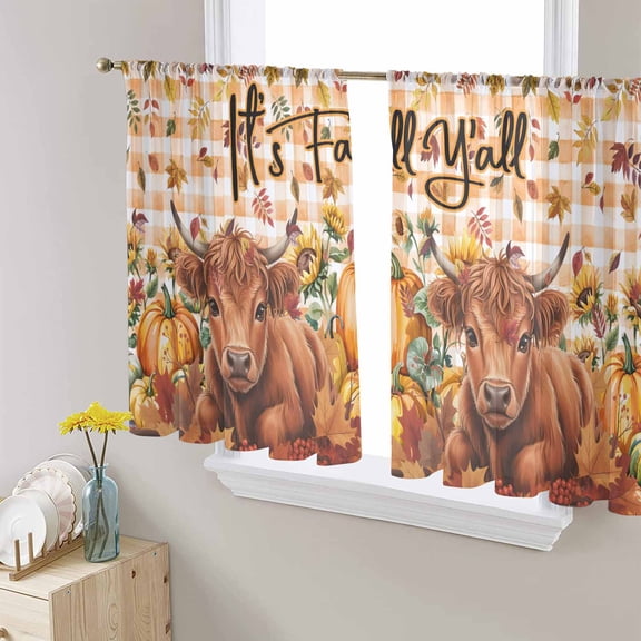 Thanksgiving Cattle Sheer Curtains 54 Inches Length 2 Panels Set, Window Sheer Curtains for Living Room/Bedroom, Fall Pumpkin Sunflower Maple Leaf Check Light Filtering Rod Pocket Curtain 52''x54''x2