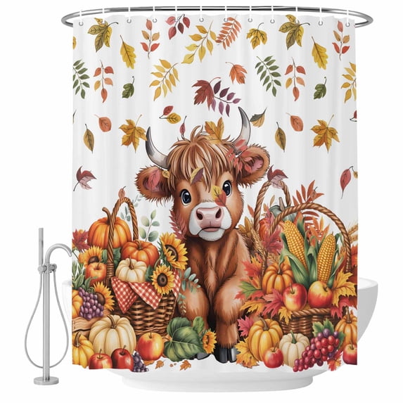 Thanksgiving Cattle Shower Curtain, Waterproof Shower Curtains for Bathroom, Fall Harvest Pumpkin Corn Leaves Autumn Washable Fabric Bathtub Curtain Set Bath Decor with 12 Hooks Stall 36"x72"