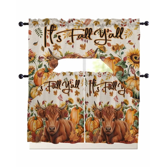 Thanksgiving Cattle Swag Kitchen Curtains Sets for Windows 24 Inch Length, Fall Pumpkin Sunflower Maple Leaf Beige Short Window Curtain Swags Valances and Tiers 3 Piece Set for Cafe/Dining Room