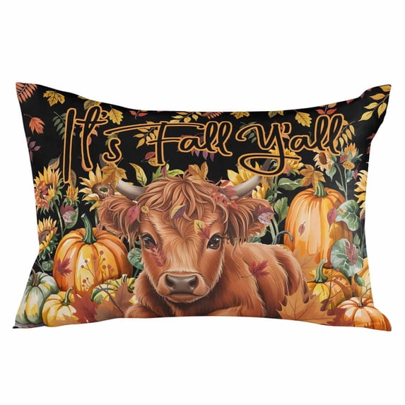 Thanksgiving Cattle Throw Pillow Cover 16 x 24 Inch Decorative Pillow Cover Fall Pumpkin Sunflower Maple Leaf Black Lumbar Pillowcase Seasonal Rectangle Cushion Case for Couch Sofa Bed Living Room