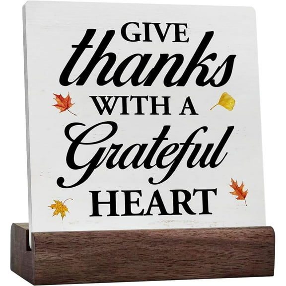 Thanksgiving Ceramic Table Sign Art Desk Decor Thanksgiving Wood Block Sign Give Thanks with a Grateful Heart Sign Autumn Leaves Sign Decor for Tabletop Shelf Desk Wall