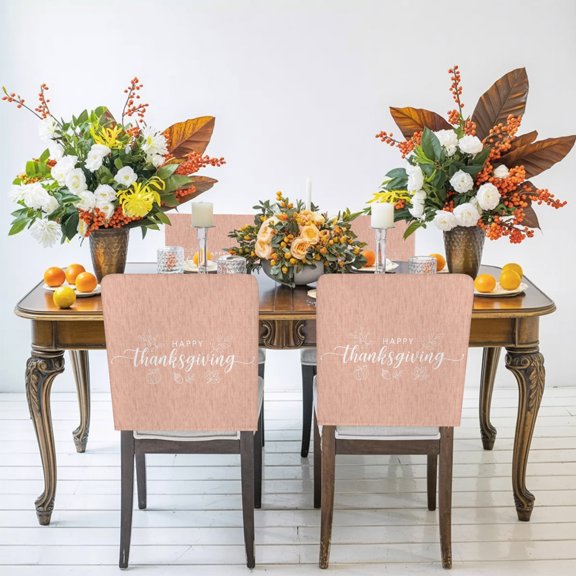 Thanksgiving Chair Back Covers Set of 1, Happy Thanksgiving Script Tan Backdrop Pumpkin Leaf Stretch Dining Chair Back Slipcovers Removable Seat Cover for Kitchen Restaurant Hotel Cafe
