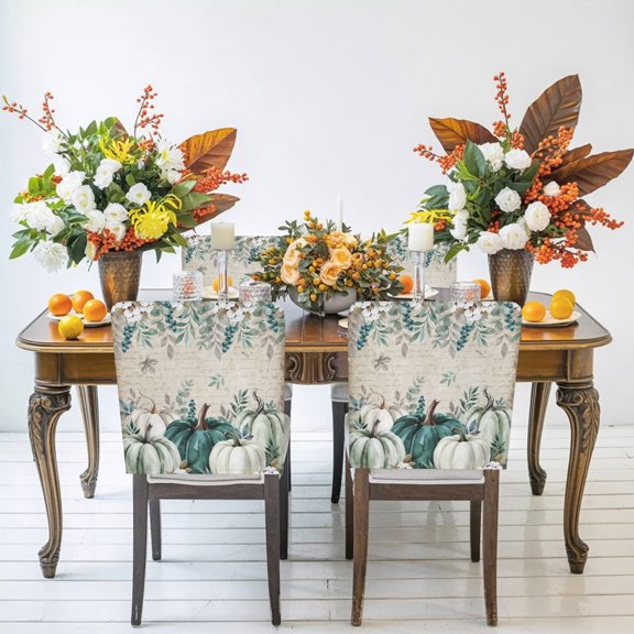 Thanksgiving Chair Back Covers Set of 1, Rustic Fall Green White Pumpkin Leaf Script Letter Stretch Dining Chair Back Slipcovers Removable Seat Cover for Kitchen Restaurant Hotel Cafe