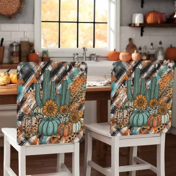 Thanksgiving Chair Covers Set of 1 Western Pumpkin Cactus Sunflower Plaid Texture Chair Back Covers Stretch Removable Washable Slipcovers Protector for Dining Room Kitchen Party Decor