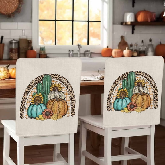 Thanksgiving Chair Covers Set of 1 Western Pumpkin Sunflower Cactus Linen Texture Chair Back Covers Stretch Removable Washable Slipcovers Protector for Dining Room Kitchen Party Decor
