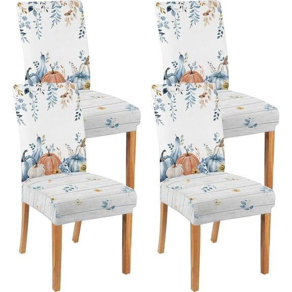 Thanksgiving Chair Covers Set of 4, Blue Pumpkin Pastel Color Chairs Slipcover for Dining Room,Fall Removable Washable Breathable Cover in The Kitchen Restaurant Holiday Decor