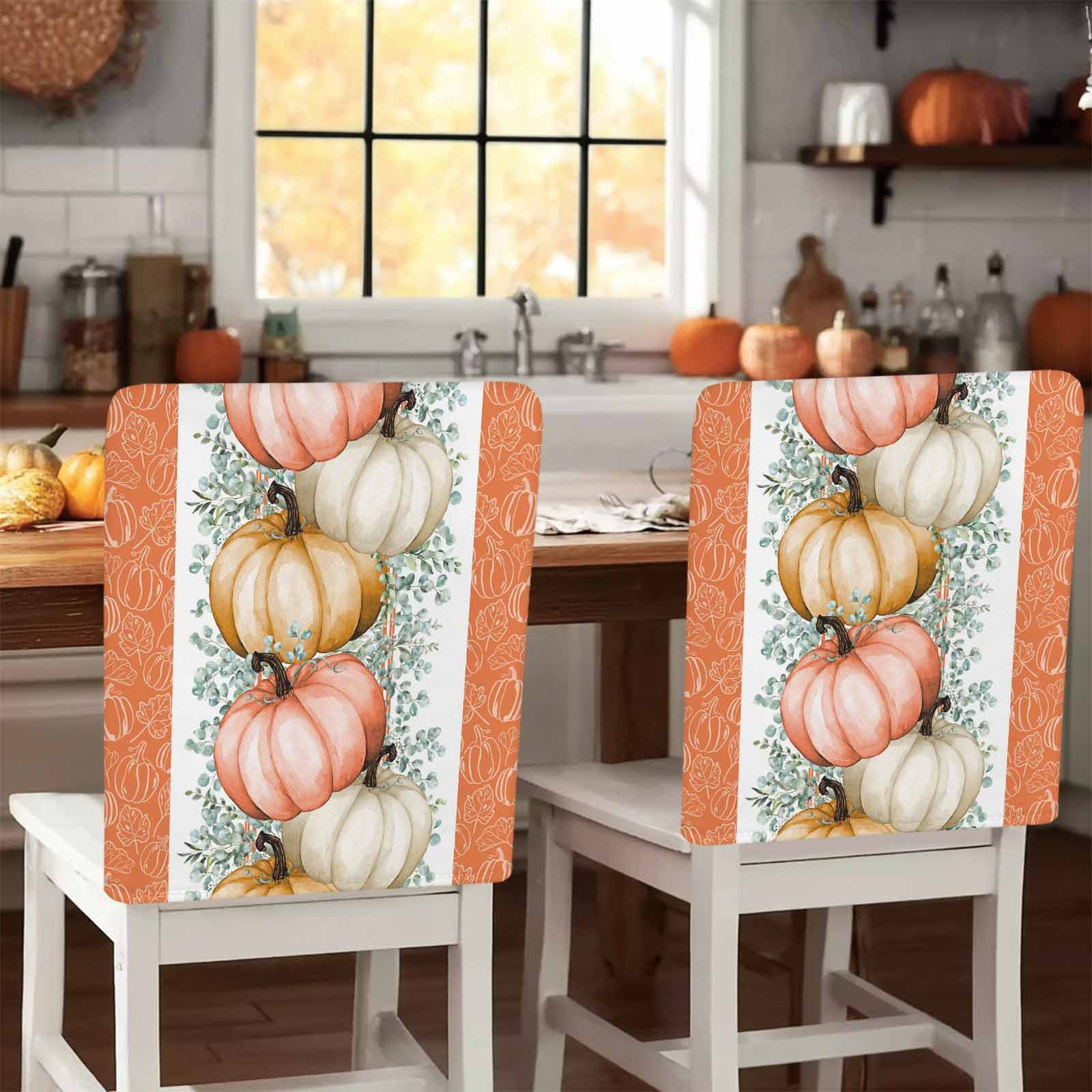 Aperturee Fall Thanksgiving White Pumpkin Elegant Stretch Table Cover