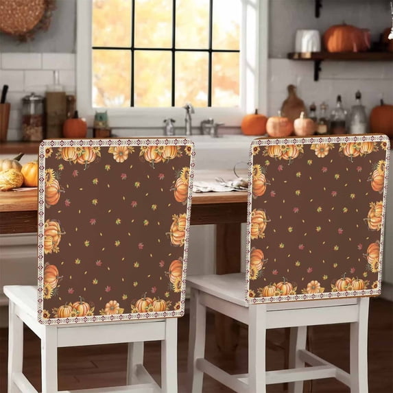 Thanksgiving Chair Covers Set of 8 Pumpkin Dahlia Chair Back Covers Stretch Removable Washable Slipcovers Protector for Dining Room Kitchen Party Decor
