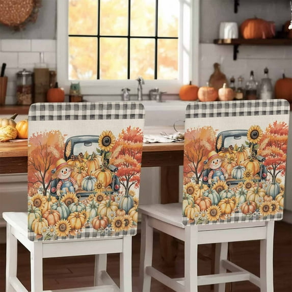 Thanksgiving Chair Covers Set of 8 Pumpkin Truck Flowers Black White Plaids Chair Back Covers Stretch Removable Washable Slipcovers Protector for Dining Room Kitchen Party Decor