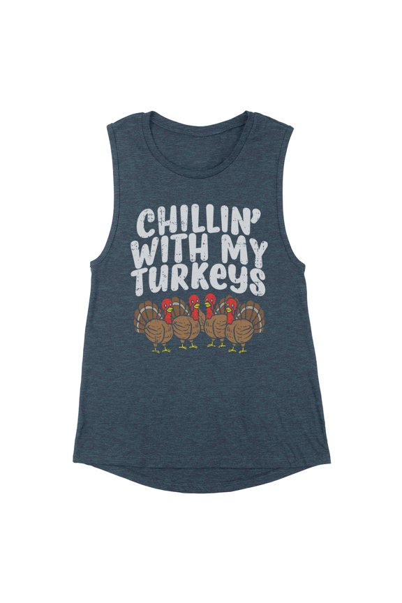 Thanksgiving Chillin' With My Turkeys Women's Muscle Tank Large Antique Denim