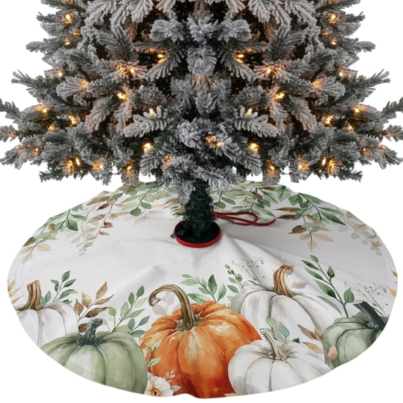 Thanksgiving Christmas Tree Skirt 48 Inches, Fall Sage Green White Pumpkin Maple Leaf Xmas Trees Skirt Mat Cover Decorations for Holiday Party Indoor Outdoor
