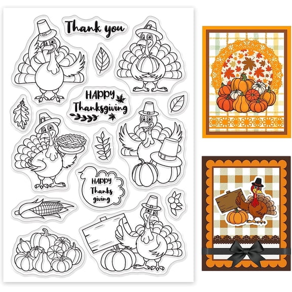 Thanksgiving Clear Stamp Turkey Autumn Pumpkin Silicone Clear Stamp Leaf Plant Rubber Stamps for Scrapbook Journal Card Making 4.3 x 6.3 Inch diy