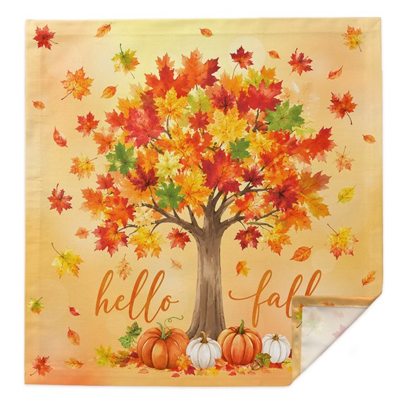Thanksgiving Cloth Napkins Set of 1 Hello Fall Orange Maple Tree Leaf Pumpkins Golden Soft Washable Square Dinner Napkins for Party Wedding Restaurant Hotel Cocktail 20x20 Inch