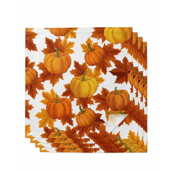 Thanksgiving Cloth Napkins Set of 4 Reusable Dinner Napkins, Fall Orange Pumpkin Maple Leaves Farmhouse Cocktail Napkin Washable Table Napkins for Wedding/Holiday Party/Baby Shower 20"x20"