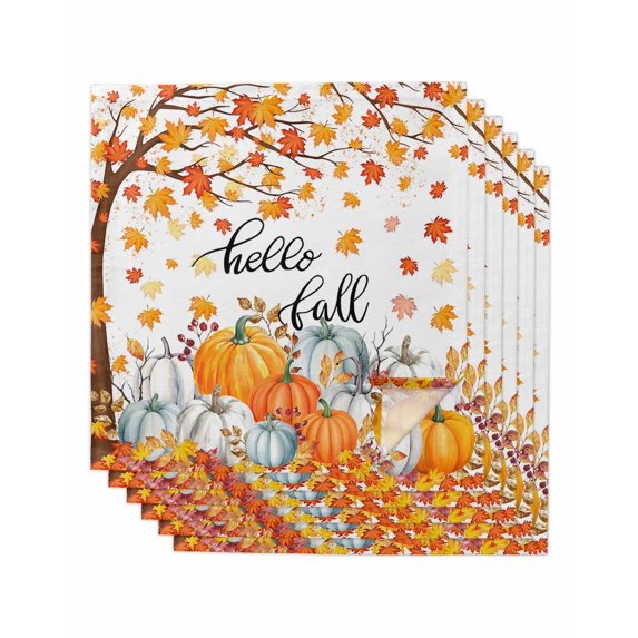 Thanksgiving Cloth Napkins Set of 6 Reusable Dinner Napkins, Fall Maple Leaf Orange White Pumpkin Cocktail Napkin Washable Table Napkins for Wedding/Holiday Party/Baby Shower 20"x20"