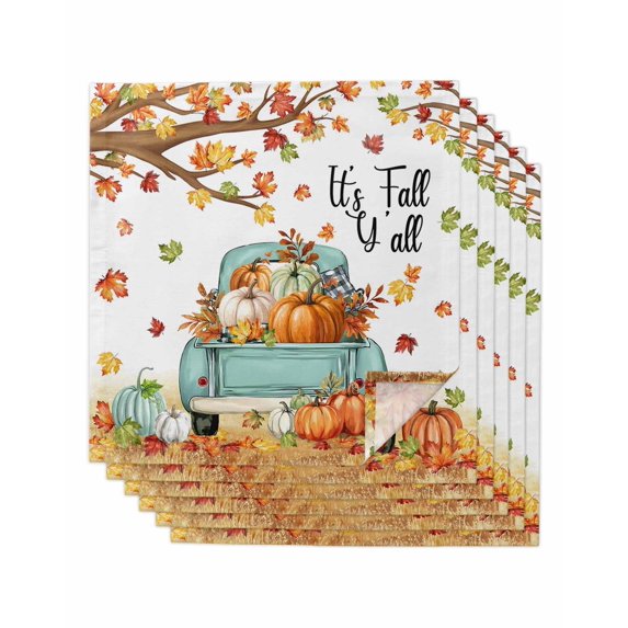Thanksgiving Cloth Napkins Set of 6 Reusable Dinner Napkins, Farmhouse Fall Truck Maple Leaf Pumpkin Cocktail Napkin Washable Table Napkins for Wedding/Holiday Party/Baby Shower 20"x20"