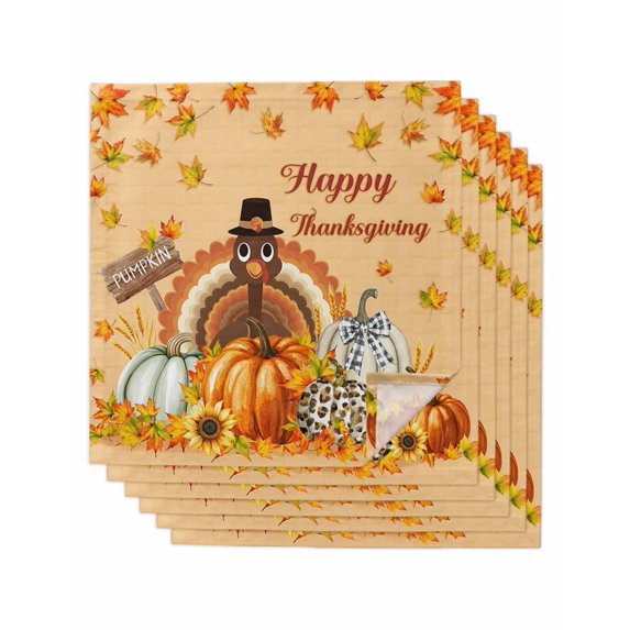 Thanksgiving Cloth Napkins Set of 6 Reusable Dinner Napkins, Orange Maple Leaf Pumpkin Harvest Fall Cocktail Napkin Washable Table Napkins for Wedding/Holiday Party/Baby Shower 20"x20"