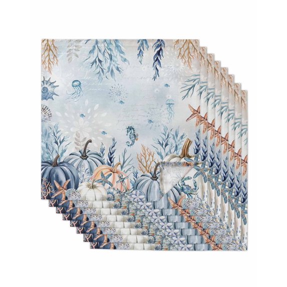 Thanksgiving Cloth Napkins Set of 8 Reusable Dinner Napkins, Coastal Starfish Coral Shell Pumpkin Cocktail Napkin Washable Table Napkins for Wedding/Holiday Party/Baby Shower 20"x20"