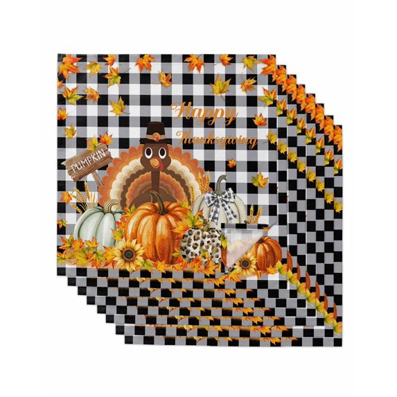 Thanksgiving Cloth Napkins Set of 8 Reusable Dinner Napkins, Fall Turkey Pumpkin Maple Leaf Black Plaid Cocktail Napkin Washable Table Napkins for Wedding/Holiday Party/Baby Shower 20"x20"