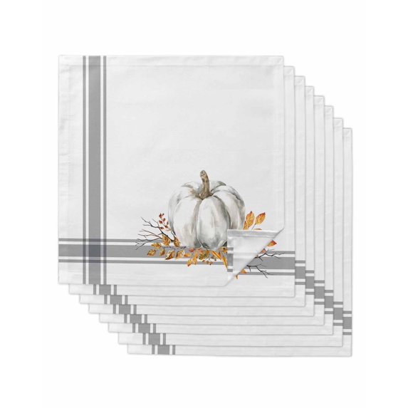 Thanksgiving Cloth Napkins Set of 8 Reusable Dinner Napkins, Grey White Pumpkin Stripes Autumn Leaf Cocktail Napkin Washable Table Napkins for Wedding/Holiday Party/Baby Shower 20"x20"
