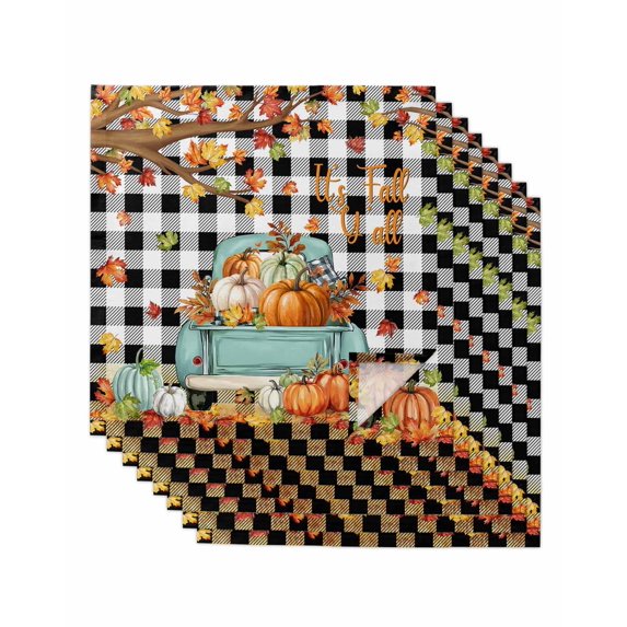 Thanksgiving Cloth Napkins Set of 8 Reusable Dinner Napkins, Maple Leaf Pumpkin Black White Plaid Cocktail Napkin Washable Table Napkins for Wedding/Holiday Party/Baby Shower 20"x20"