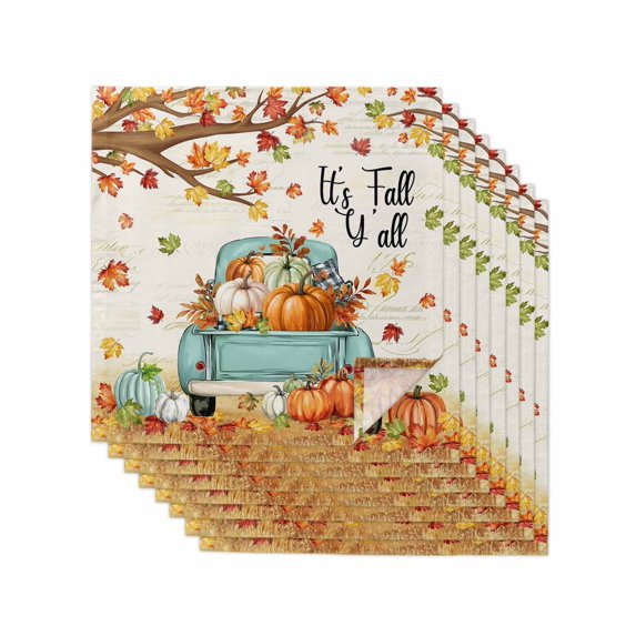 Thanksgiving Cloth Napkins Set of 8 Reusable Dinner Napkins, Retro Pumpkin Truck Maple Leaf Branch Cocktail Napkin Washable Table Napkins for Wedding/Holiday Party/Baby Shower 20"x20"