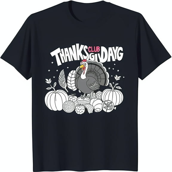 Thanksgiving Club Day Black T-Shirt with Fun Turkey and Fall Harvest Design