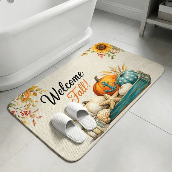 Thanksgiving Coastal Bathroom Rugs Non Slip Washable Bath Mat Absorbent Front Door Mat Fall Pumpkin Starfish Conch Sunflowers Indoor Doormat for Kitchen Entryway Shower Decor Accessories 15.7"x23.6"