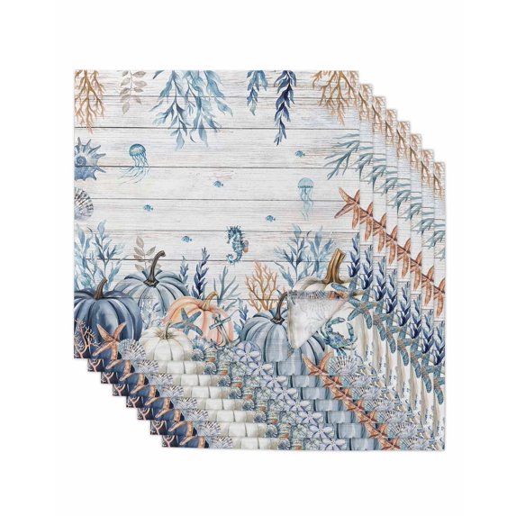 Thanksgiving Coastal Cloth Napkins Set of 8 Reusable Dinner Napkins, Autumn Pumpkin Coral Blue Starfish Cocktail Napkin Washable Table Napkins for Wedding/Holiday Party/Baby Shower 20"x20"