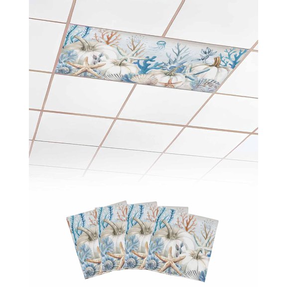 Thanksgiving Coastal Fluorescent Light Covers for Ceiling Lights 4x2 feet,4 Pack Magnetic Light Filters for Classroom,Blue White Pumpkin Starfish Coral Fluorescent Light Shade Panel for Office