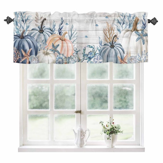 Thanksgiving Coastal Kitchen Valances for Windows 42x18 Inch Kitchen Curtains Valances Rod Pocket Autumn Pumpkin Coral Blue Starfish Bathroom Window Valances for Window Treatment Decor
