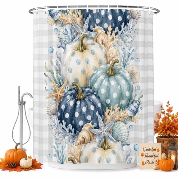 Thanksgiving Coastal Shower Curtain, Waterproof Shower Curtains for Bathroom, Blue White Pumpkin Starfish Coral Check Washable Fabric Bathtub Curtain Set Bath Decor with 12 Hooks Standard 72"x72"