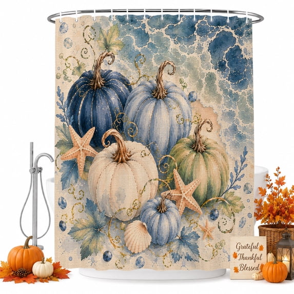 Thanksgiving Coastal Shower Curtain, Waterproof Shower Curtains for Bathroom, Fall Ocean Nautical Pumpkin Starfish Washable Fabric Bathtub Curtain Set Bath Decor with 12 Hooks 48"x72"