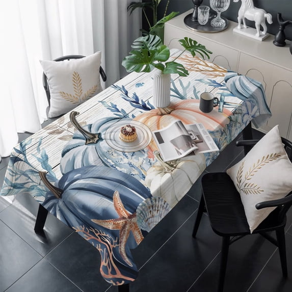 Thanksgiving Coastal Table Cloth Waterproof Tablecloths, Autumn Pumpkin Coral Blue Starfish Tablecloth Dining Table Cover for Kitchen Party Tabletop Outdoor, Rectangle Tablecloth 60x120 Inch