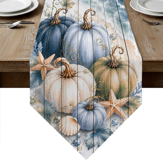 Thanksgiving Coastal Table Runner Linen Burlap Table Runner 120 Inches Long Fall Pumpkin Starfish Wood Grain Dresser Scarves for Kitchen Island Coffee Dining Room Party Holiday Decoration 13"x120"