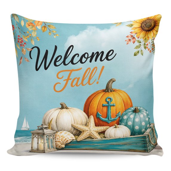 Thanksgiving Coastal Throw Pillow 18x18 Inch, Fall Ocean Pumpkin Starfish Sunflowers Waterproof Outdoor Pillow Covers with Insert, Decorative Pillowcase Cushion for Couch, Sofa, Bed, Patio, Garden