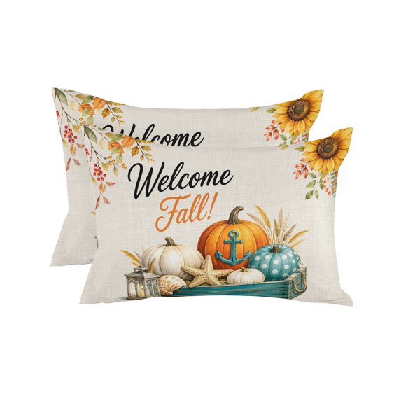 Thanksgiving Coastal Throw Pillows 12x20 Set of 2, Fall Pumpkin Starfish Conch Sunflowers Waterproof Outdoor Pillow Covers with Insert, Decorative Pillowcase Cushion for Couch, Sofa, Bed, Patio