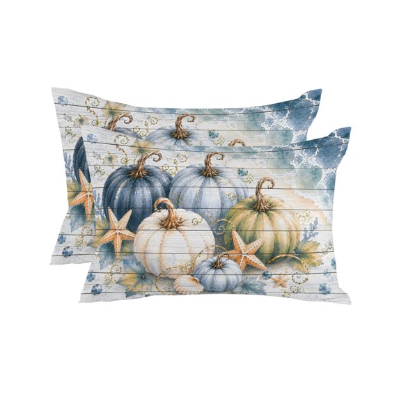 Thanksgiving Coastal Throw Pillows 12x20 Set of 2, Fall Pumpkin Starfish Wood Grain Waterproof Outdoor Pillow Covers with Insert, Decorative Pillowcase Cushion for Couch, Sofa, Bed, Patio, Garden